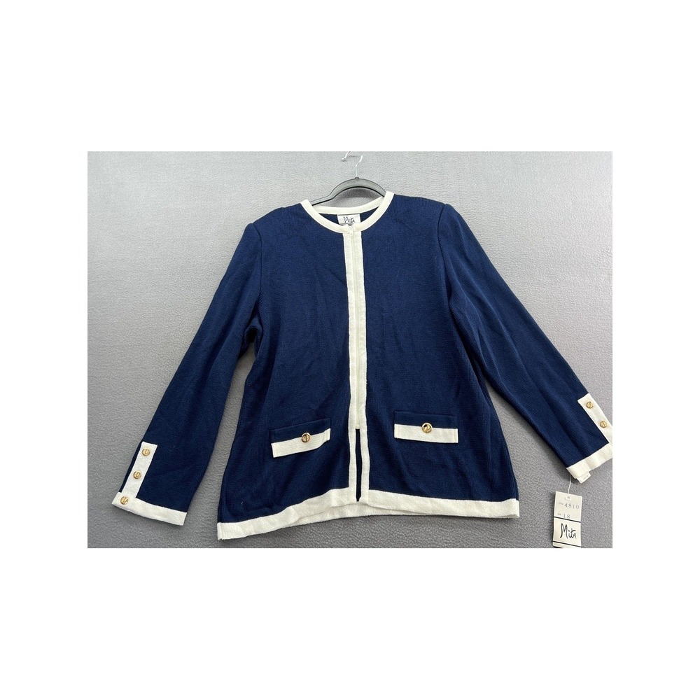 VTG Mita Cardigan Sweater Womens 18 Navy Blue White Knit Full Zip Gold Buttons